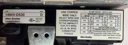 ALLEN BRADLEY 1494V-DS30 FUSIBLE DISCONNECT SWITCH SER D 30A 600VAC 20HP 250VDC