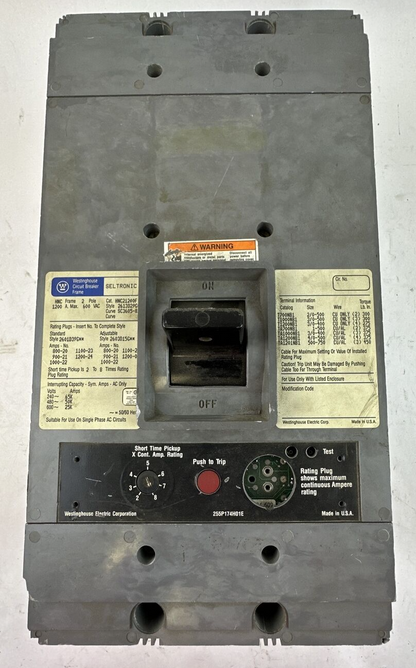 WESTINGHOUSE HNC21200F SELTRONIC CIRCUIT BREAKER 2P 1200AMP 600VAC NO TRIP PLUG