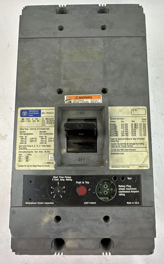 WESTINGHOUSE HNC21200F SELTRONIC CIRCUIT BREAKER 2P 1200AMP 600VAC NO TRIP PLUG