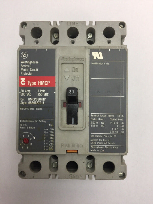 WESTINGHOUSE HMCP030H1C MOTOR CIRCUIT PROTECTOR 30AMP 600VAC 250VDC 3 POLE SER C