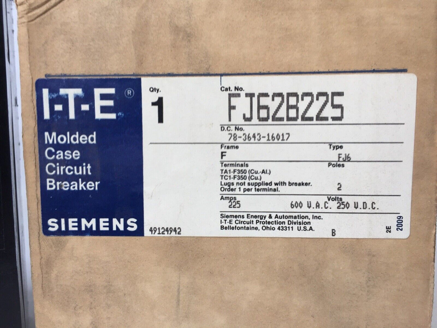 ITE SIEMENS FJ62B225 CIRCUIT BREAKER 600VAC 250VDC 225AMP 2POLE