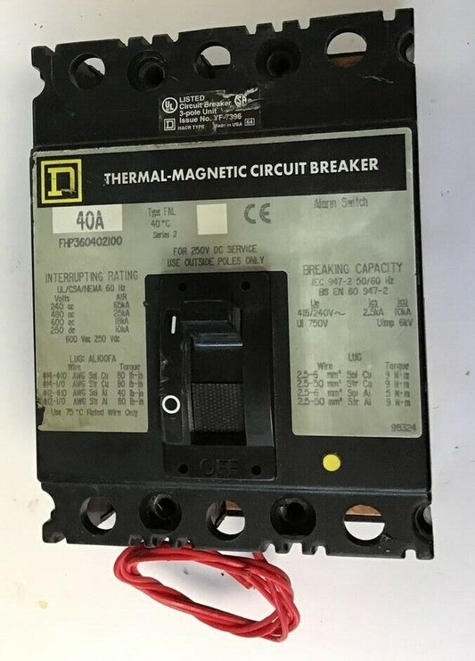 SQUARE D FHP360402100 CIRCUIT BREAKER 40A 600VAC 250VDC 3POLE
