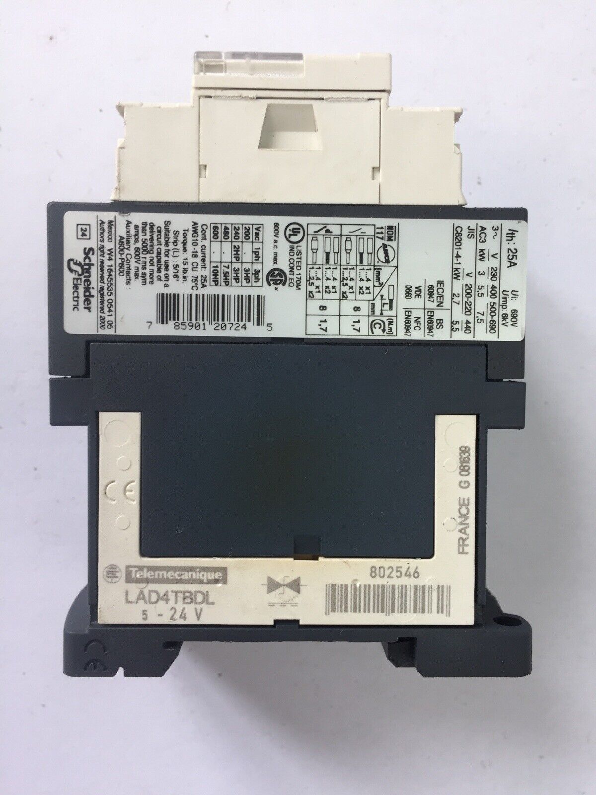 TELEMECANIQUE LC1D12BD CONTACT 25A 600VAC COIL 24VDC LAD4TBDL 5-24V