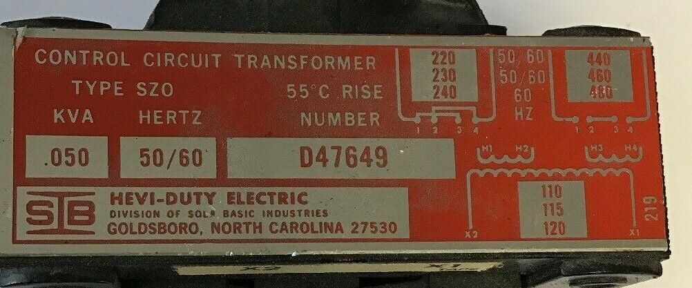 HEVI-DUTY D47649 TYPE SZO KVA.050 50/60HZ  CONTROL CIRCUIT TRANSFORMER