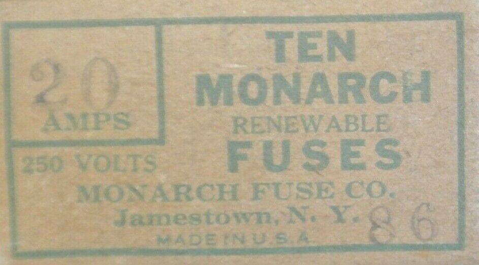 BOX of 10 / MONARCH RENEW 20 RENEWABLE FUSE / 20A / 250V / NEW SURPLUS