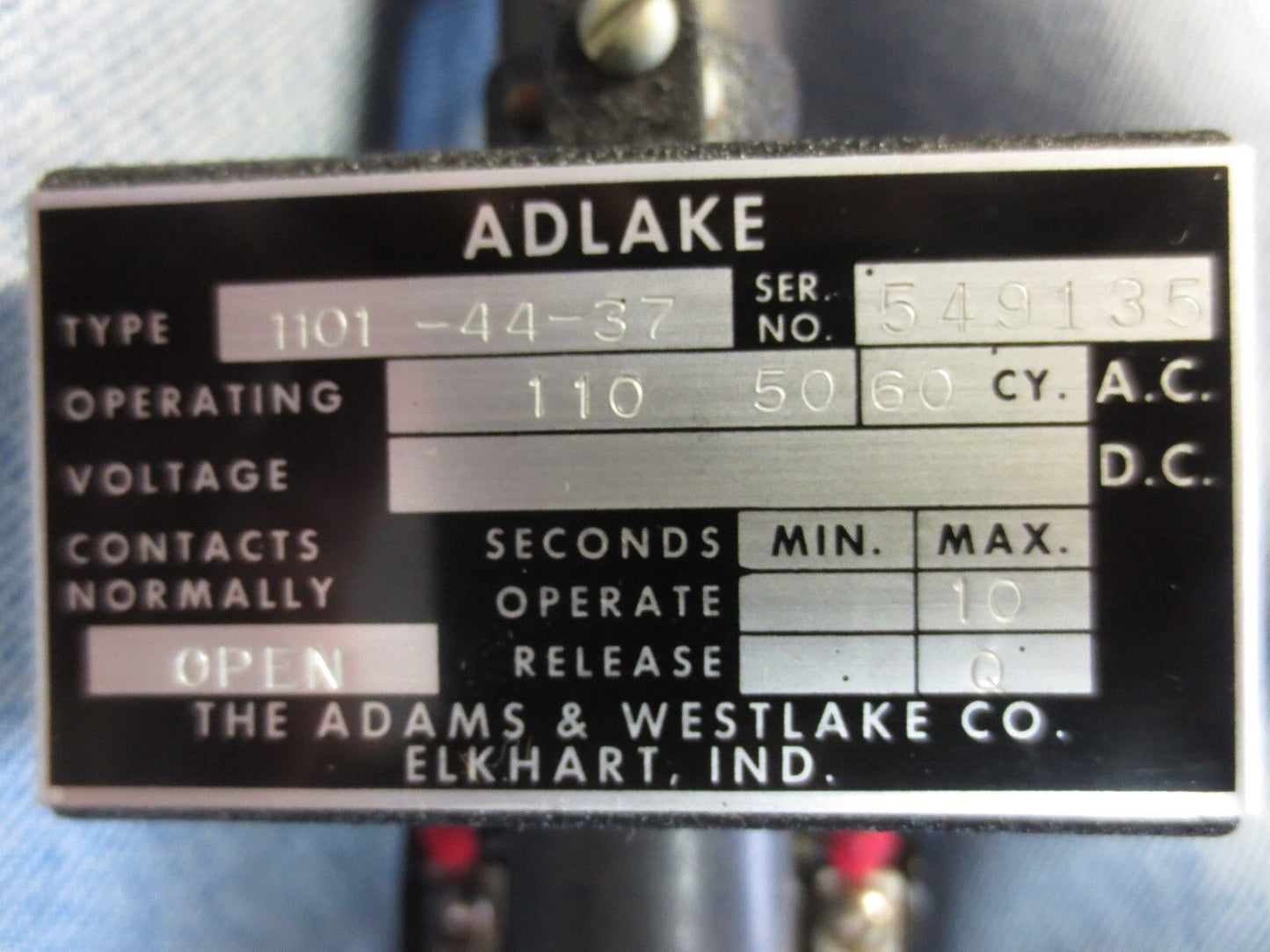 ADAMS & WESTLAKE / ADLAKE 1101-44-37 TIMING RELAY, 10-SECONDS, N.O. NEW SURPLUS