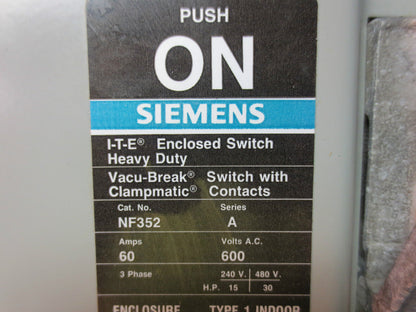 SIEMENS I-T-E NF352 ENCLOSED SWITCH HEAVY-DUTY VACU-BREAK w/ CLAMPMATIC CONTACTS