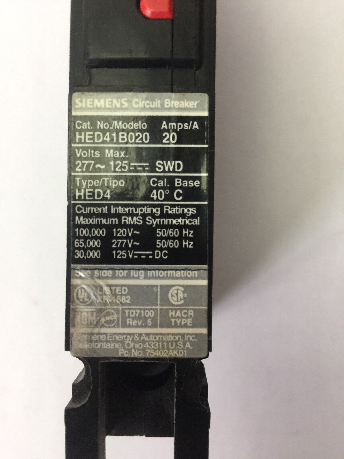 SIEMENS HED41B020 CIRCUIT BREAKER 20 AMP 277 VAC 125 VDC 1 POLE TYPE HED4