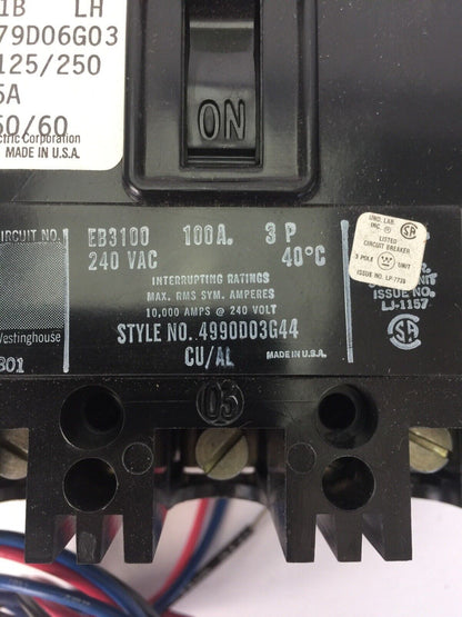WESTINGHOUSE EB3100 CIRCUIT BREAKER 100AMP 3POLE 240VAC 2609D39G24 4979D06G03