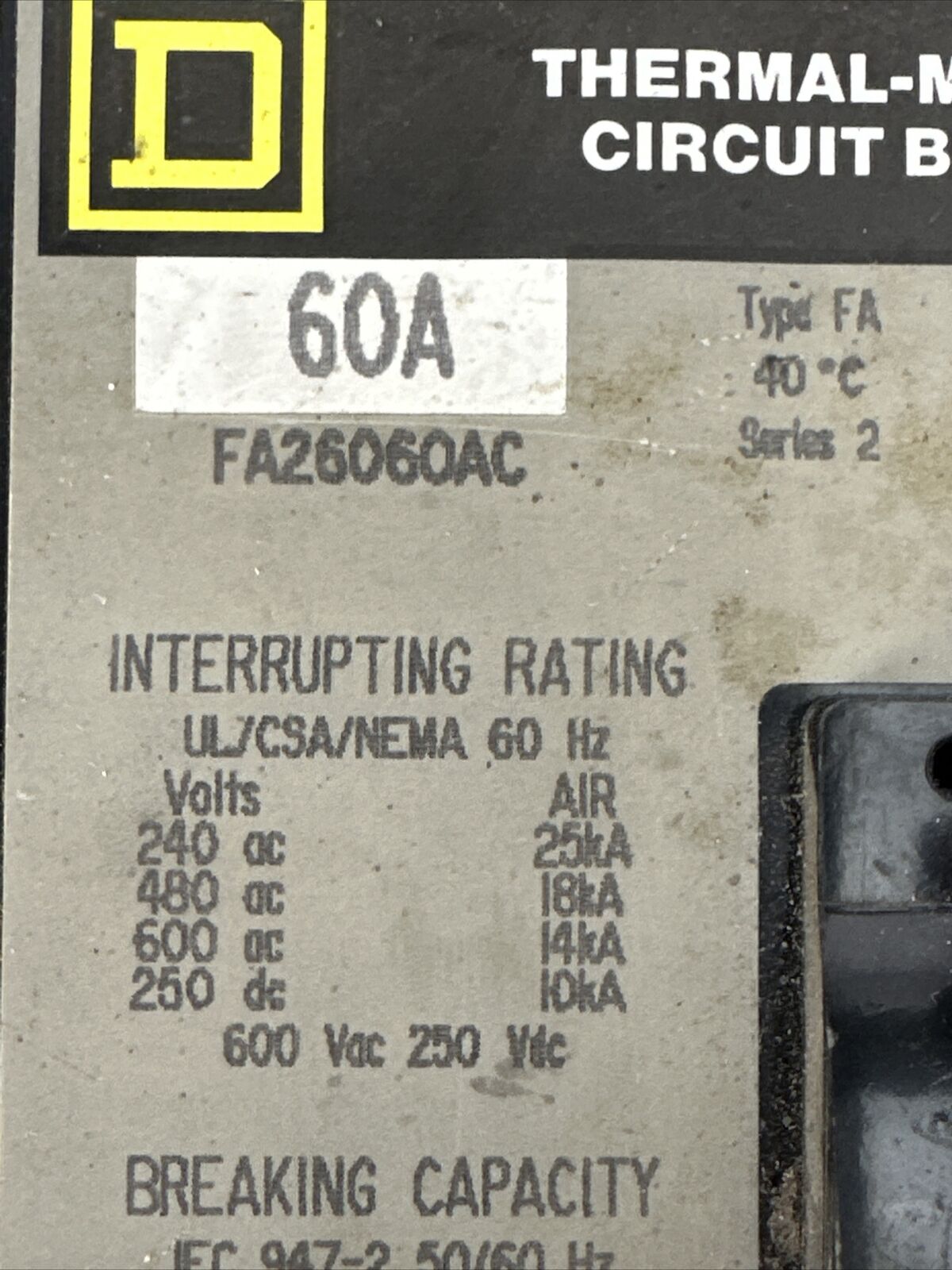 SQUARE D FA26060AC CIRCUIT BREAKER 600VAC 250VDC 60AMP 2POLE