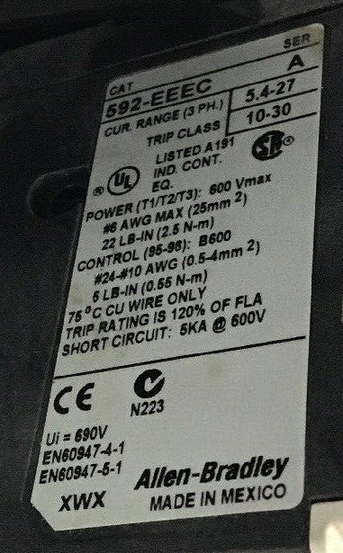 ALLEN BRADLEY 520E-BOD-A2G-A2G SIZE 1 REV STARTER 600VAC 27A 7.5HP COIL 120V
