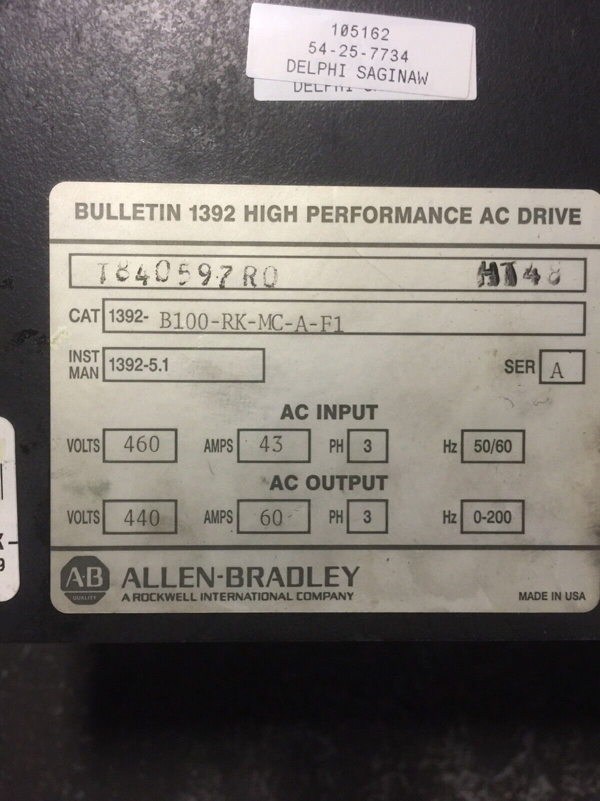 ALLEN BRADLEY 1392-B100-RK-MC-A-F1 AC DRIVE SER A INPUT 460VAC 43A OUTPUT 440vac