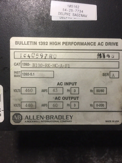 ALLEN BRADLEY 1392-B100-RK-MC-A-F1 AC DRIVE SER A INPUT 460VAC 43A OUTPUT 440vac