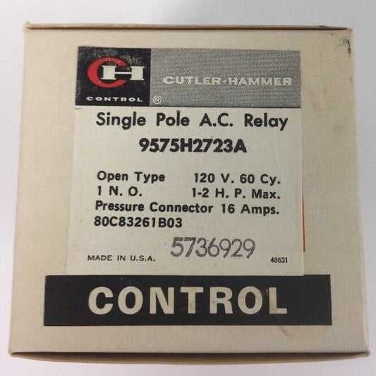 CUTLER HAMMER 9575H2723A SINGLE POLE A.C. RELAY 120 V 60 CY 16 AMPS 1-2 H.P. MAX