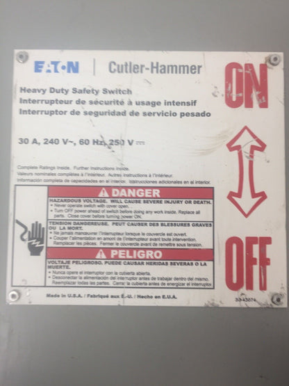 CUTLER HAMMER DH221NRK FUSIBLE HD SAFETY SWITCH 240VAC 250VDC 30A 7.5HP TYPE 3R