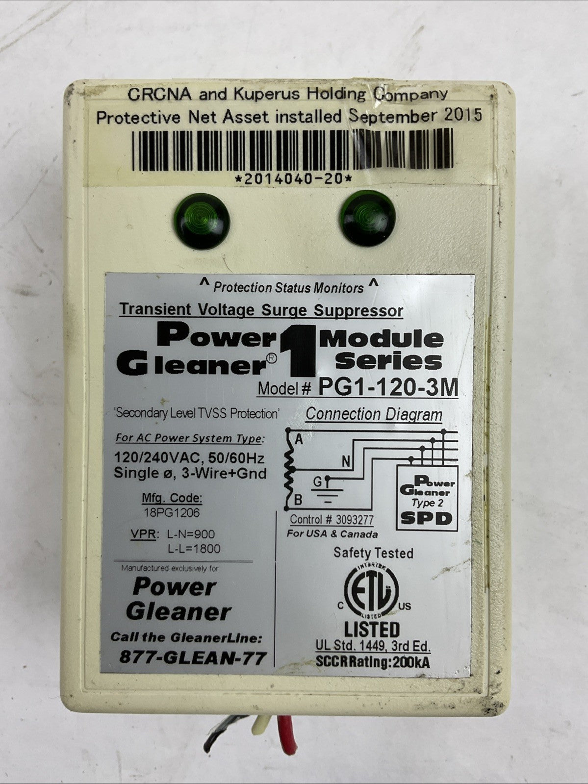 POWER GLEANER 1 SERIES PG1-120-3M TRANSIENT VOLTAGE SURGE SUPRESSOR 120/240VAC