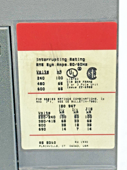 GE - SGLB36BA0150 - CIRCUIT BREAKER - 3 POLE/600 VAC/150A - W/ 100 A RATING PLUG