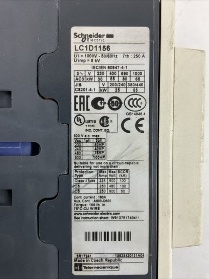 SCHNEIDER ELECTRIC LC1D1156 CONTACTOR 600VAC 3PH 100HP 160 LX1D8 FE7 COIL 115V