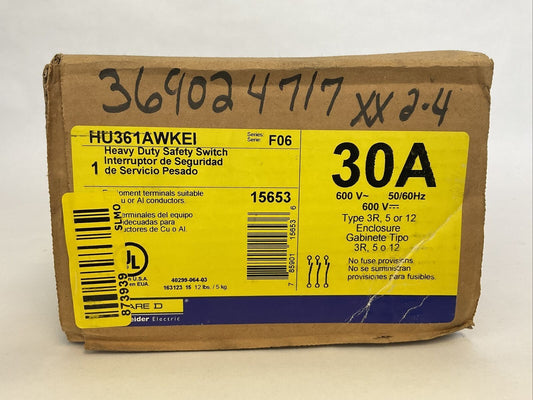 SQUARE D HU361AWKEI SER F06 600V 30A HEAVY DUTY SAFETY SWITCH TYPE 3R, 5 OR 12