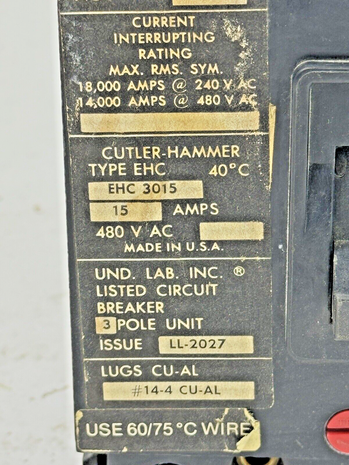 CUTLER-HAMMER/ EATON - EHC3015 - CIRCUIT BREAKER -3 POLE/15 A/480 VAC