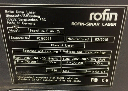 ROFIN-SINAR LASER POWERLINE E AIR-25 CLASS 4 LASAR 230V 770W 35A