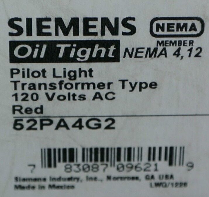 SIEMENS 52PA4G2 OILTIGHT TRANSFORMER-TYPE PILOT LIGHT 120VAC - RED - NEW SURPLUS