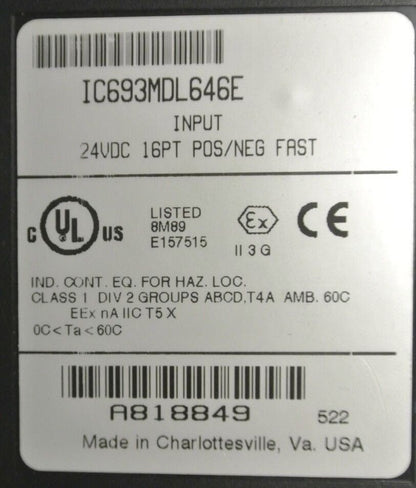 GE FANUC IC693MDL646E INPUT MODULE / 24VDC / 16PT / POS/NEG LOGIC