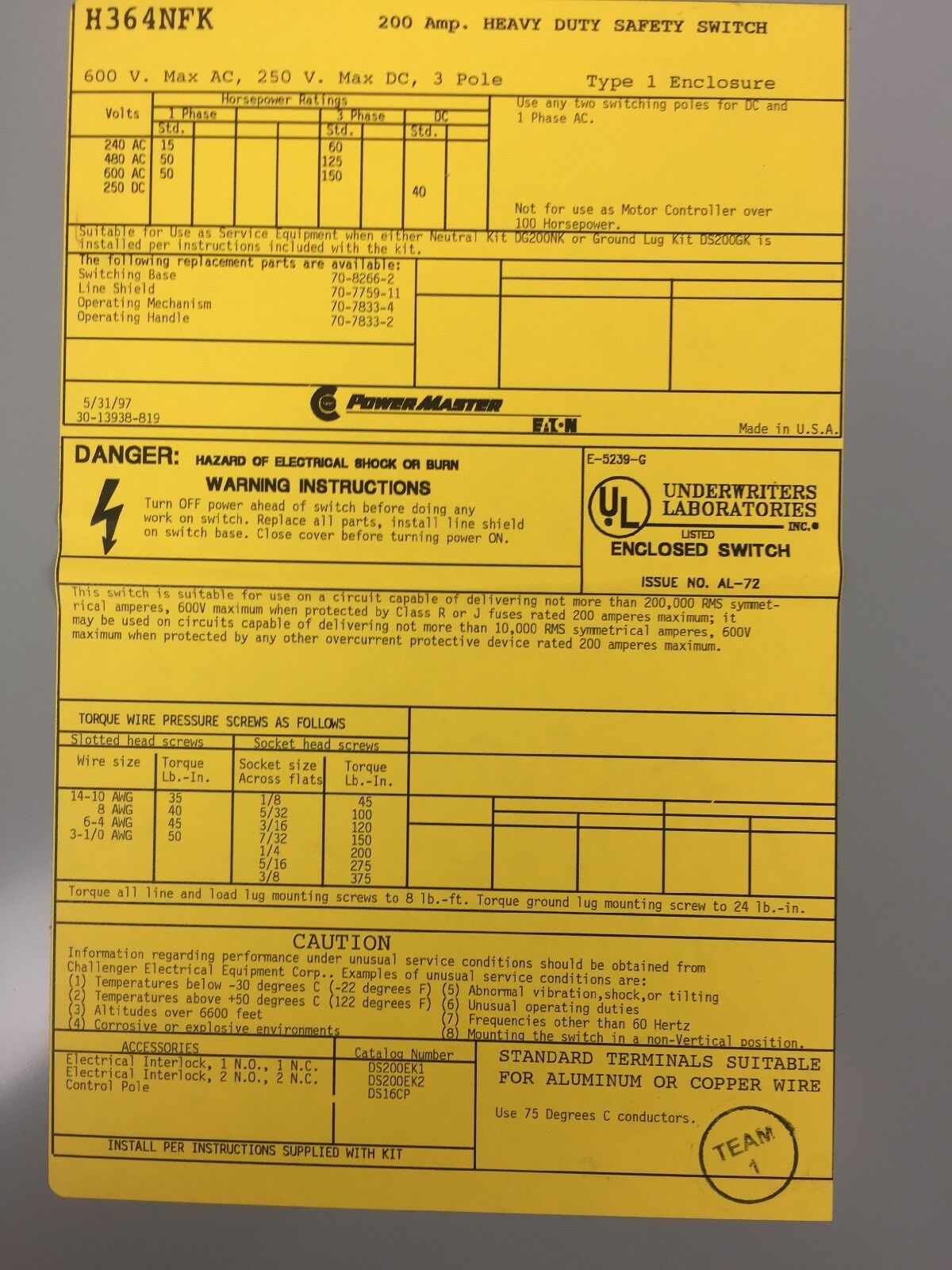 EATON H364NFK HEAVY DUTY SAFETY SWITCH 200 AMP 600 VAC 250 VDC 3 POLE TYPE 1