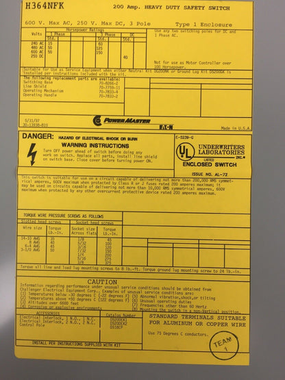 EATON H364NFK HEAVY DUTY SAFETY SWITCH 200 AMP 600 VAC 250 VDC 3 POLE TYPE 1