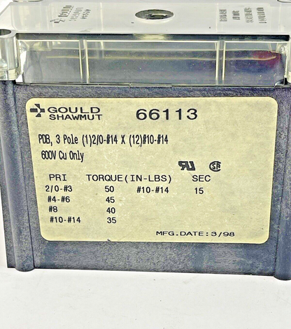 GOULD SHAWMUT - 66113 - POWER DISTRIBUTION BLOCK - 3 POLE, 600 V