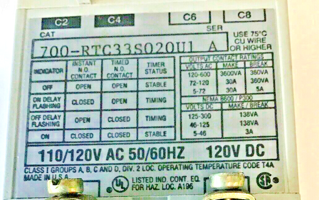 ALLEN BRADLEY 700-RTC33S020U1 SER A FIXED TIME DEL. SOLID STATE TIMER 120VDC/120