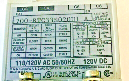 ALLEN BRADLEY 700-RTC33S020U1 SER A FIXED TIME DEL. SOLID STATE TIMER 120VDC/120