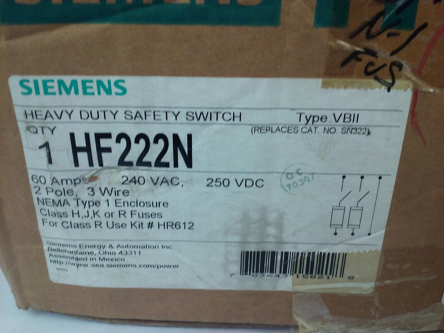 SIEMENS HF222N FUSIBLE SAFETY SWITCH 2P, 3 WIRE, 60A, 240V, 15HP, NEMA 1 INDOOR