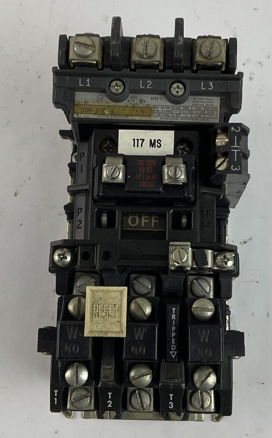 ALLEN BRADLEY 509-BOD-9 STARTER SIZE1 SER.B CB236COIL 595A AUX 10HP W40 HEATER