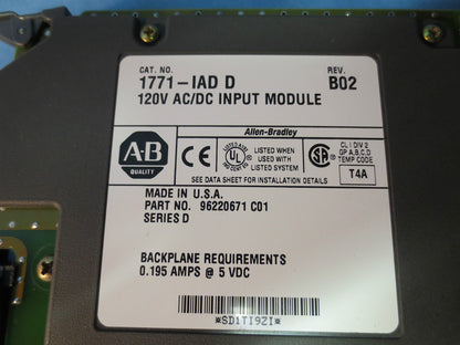 ALLEN-BRADLEY 1771-IAD D, 120V AC/DC INPUT MODULE, Ser. D, Rev. B02