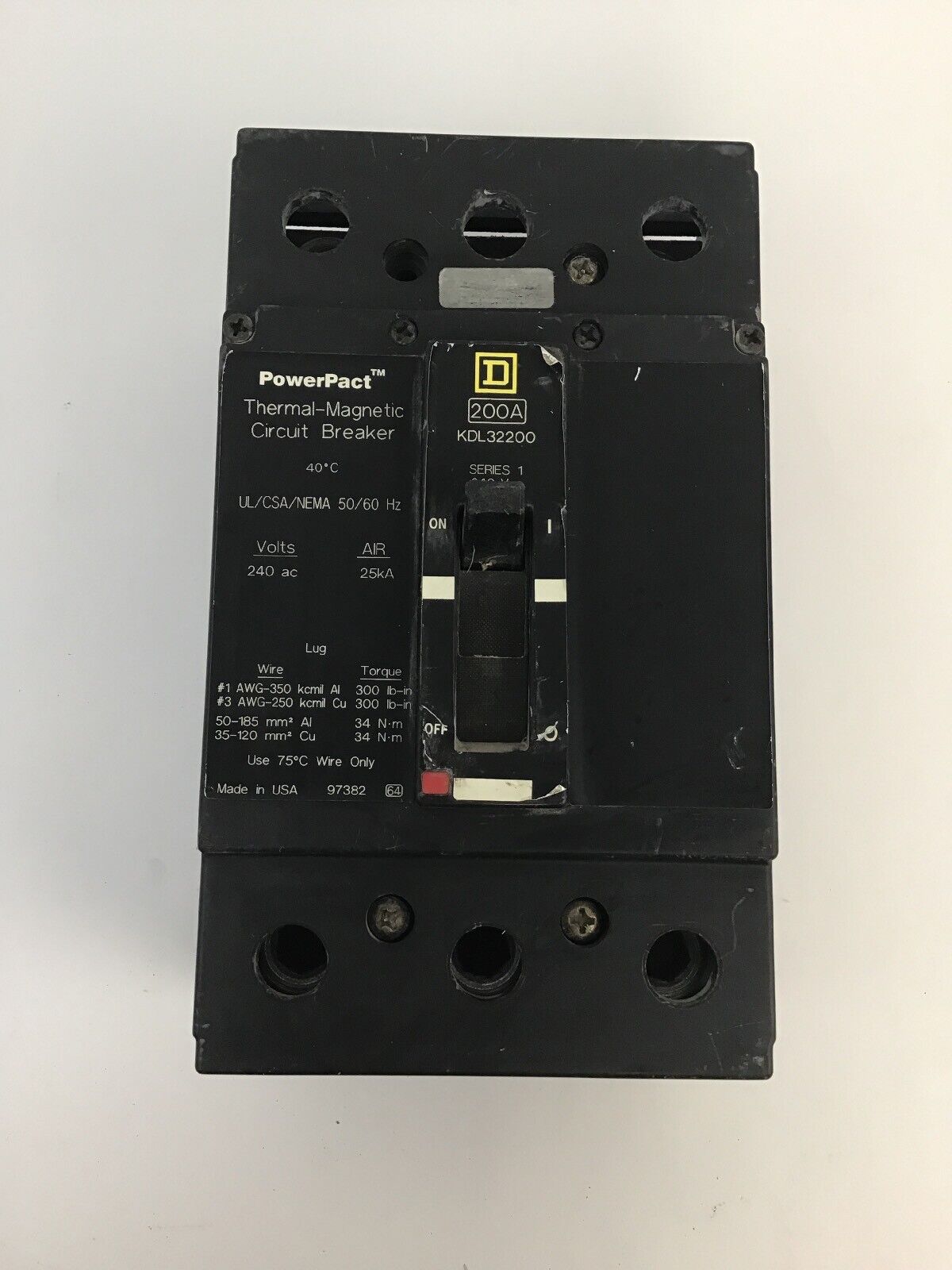 SQUARE KDL32200 200A SER.1 POWER PACT THERMAL-MAGNETIC CIRCUIT BREAKER 240VAC/25