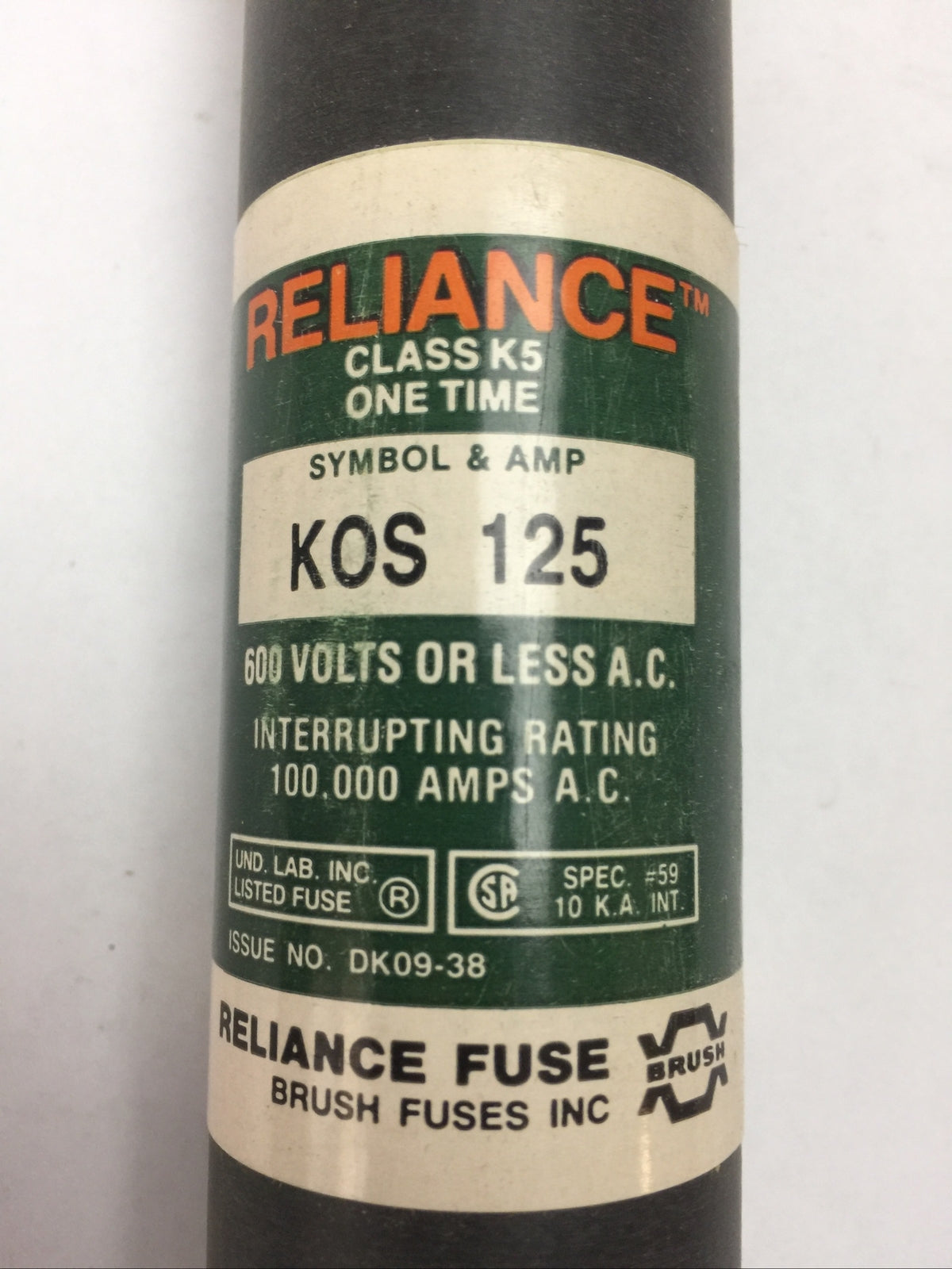 RELIANCE KOS125 CLASS K5 ONE TIME FUSE 125AMP 600VAC
