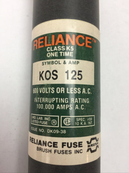 RELIANCE KOS125 CLASS K5 ONE TIME FUSE 125AMP 600VAC