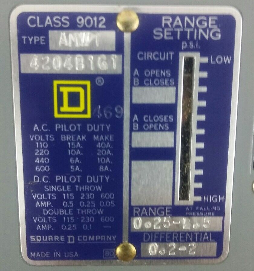 Square D INDUSTRIAL PRESSURE SWITCH  CLASS 9012 TYPE AMV-1 NEW OPEN BOX