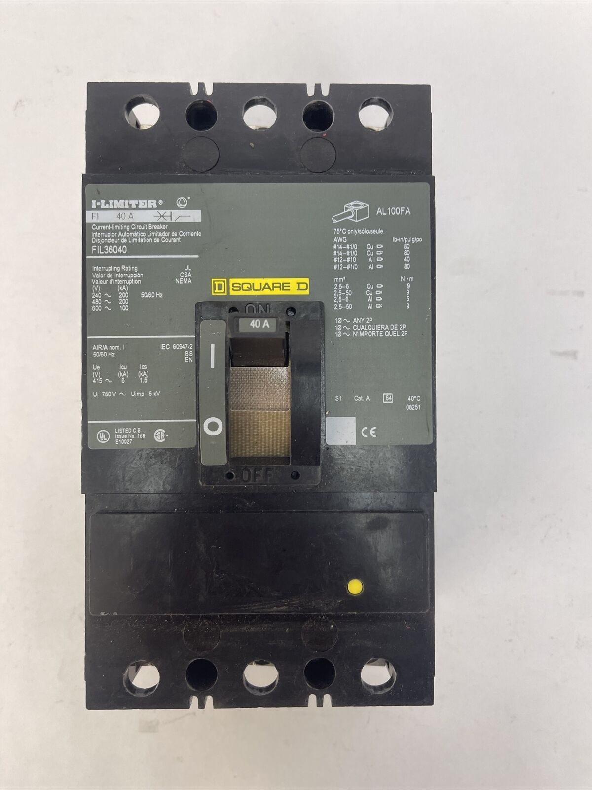 SQUARE D FIL36040 I-LIMITER CIRCUIT BREAKER 600VAC 40AMP 3POLE