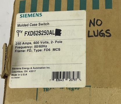 SIEMENS FXD62S250A CIRCUIT BREAKER 250A 600V 50-60HZ 2POLE SER.B