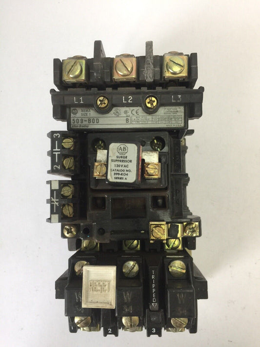 ALLEN BRADLEY 509-B0D SIZE 1 STARTER 600VAC 27AMP 10HP W34 HEATERS 120V COIL
