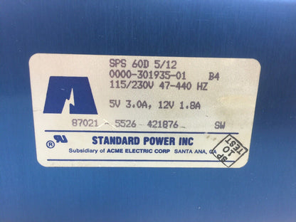 STANDARD POWER SPS 60D 5/12 POWER SUPPLY 115/230V 47-440HZ 5V 3.0A 12V 1.8A