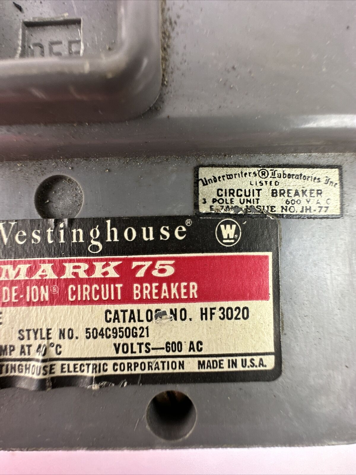 WESTINGHOUSE HF3020 20AMP 600VAC 3POLE MARK 75 AB DE-ION CIRCUIT BREAKER