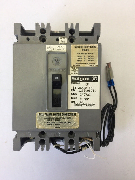 WESTINGHOUSE HFB2050 CIRCUIT BREAKER 50A 600VAC 250DVC 2P 1B ALARM SW 1252C09G11