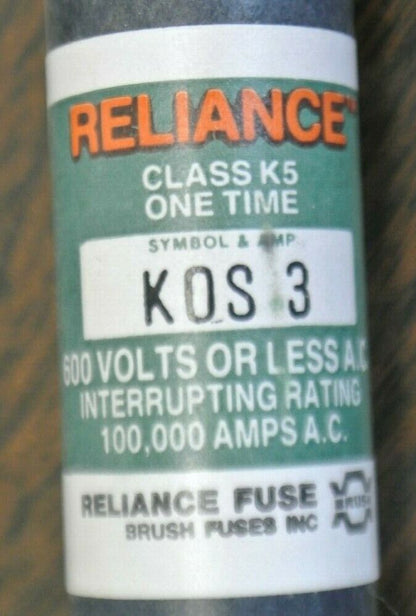 LOT of 4 / RELIANCE KOS3 ONE-TIME CLASS K5 FUSE / 600V / 3A / NEW SURPLUS