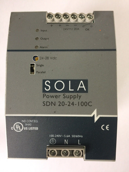 SOLA SDN 20-24-100C POWER SUPPLY 100-240VAC 5.6A 24VDC 20A