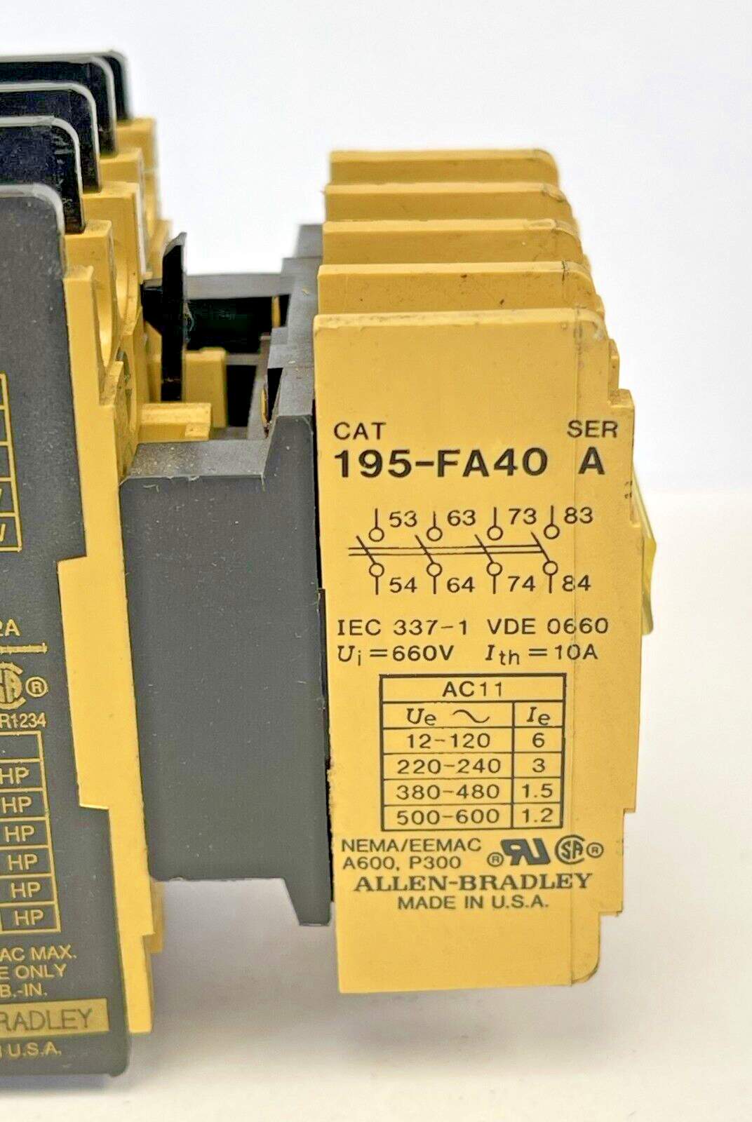 ALLEN BRADLEY - 100-A09ND3 B -CONTACTOR 9A, 600V, 120V COIL & 195-FA40 A -RELAY