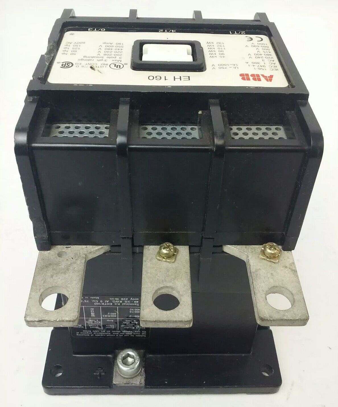 ABB EH160 CONTACTOR, 3PH, 3P BREAKING, 600V, 50-150H.P., 190A, CHIP PLASTIC