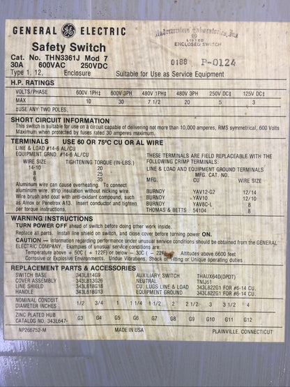 GE THN3361J MOD 7 NON FUSIBLE SAFETY SWITCH 600VAC 250VDC 30A 30HP 3P TYPE 1,12